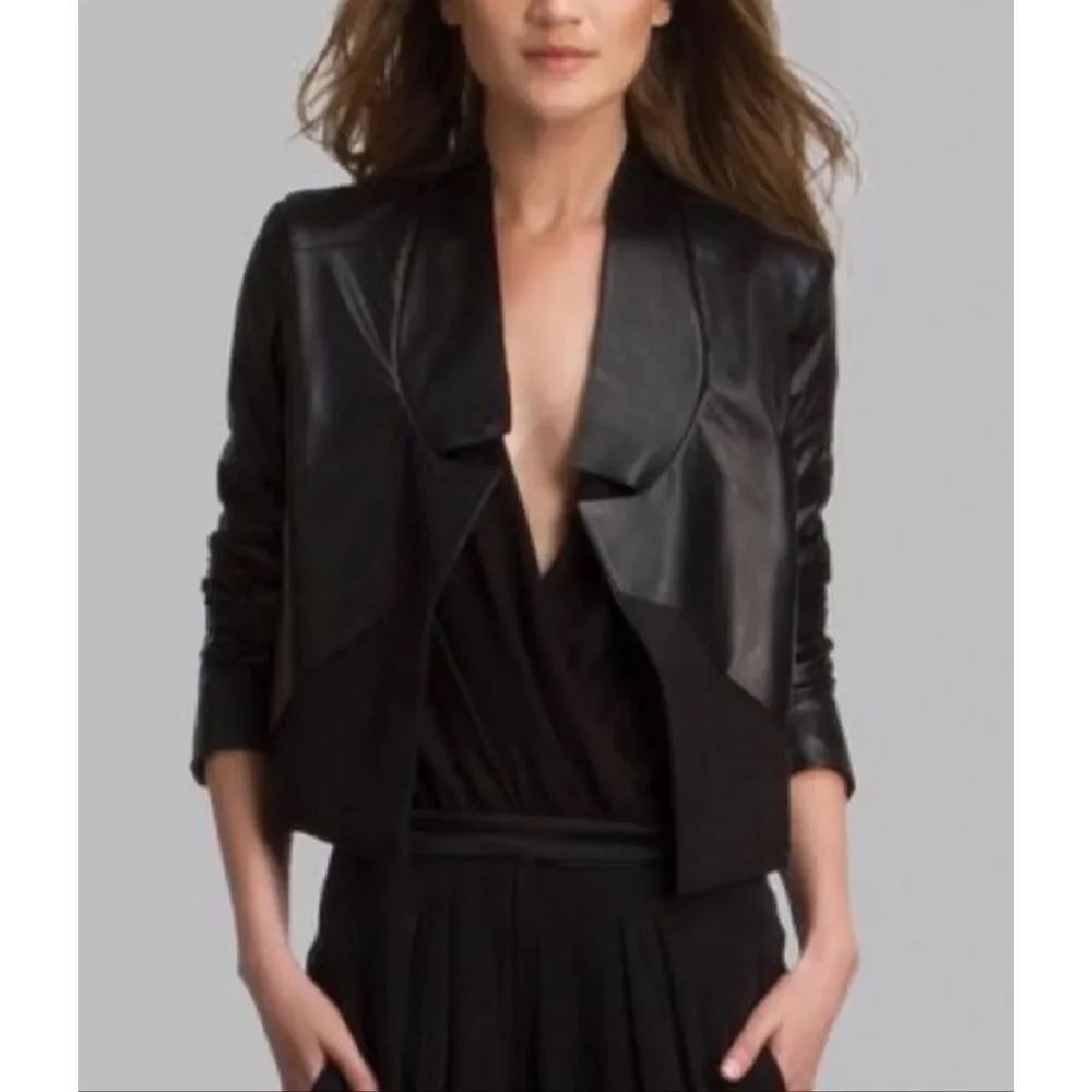NWOT Halston Women's Black Jacket Leather Combo Cropped, XS, $695 A31